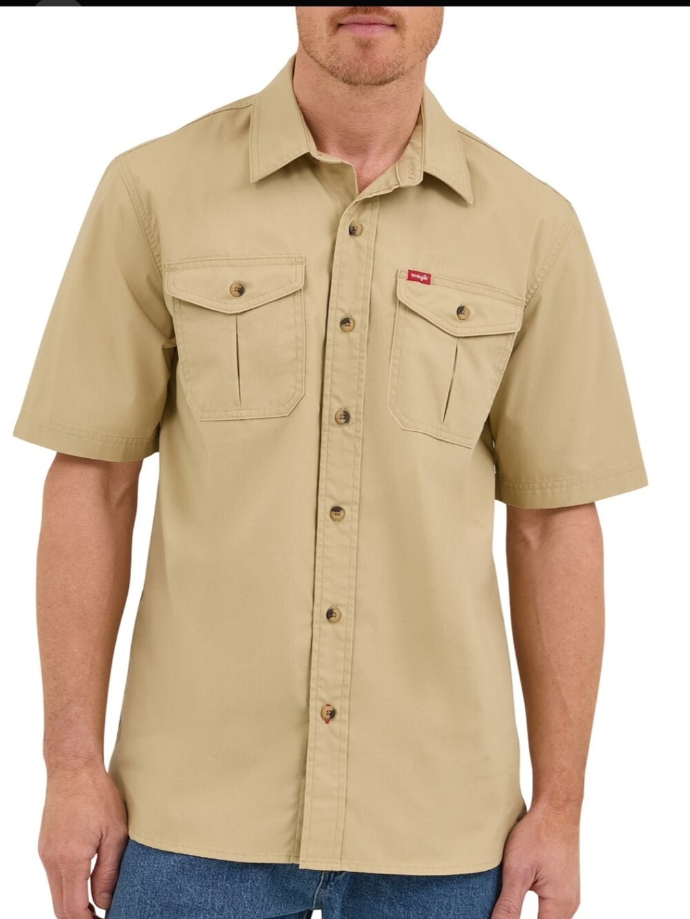 Wrangler Men's Short-Sleeve Button-Front Hero Twill Shirt Stretch, Khaki SIZE XL